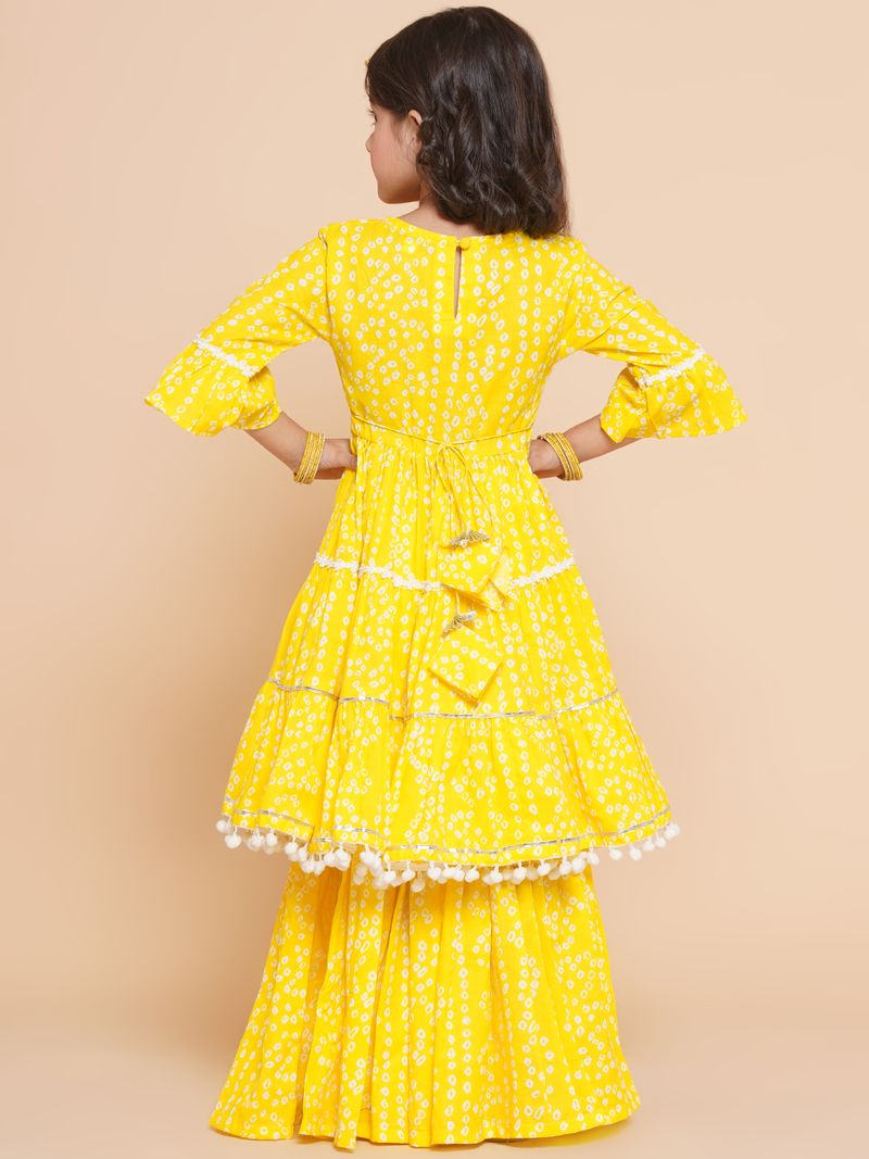 bandhani printed tiered gotta patti pure cotton kurta with sharara