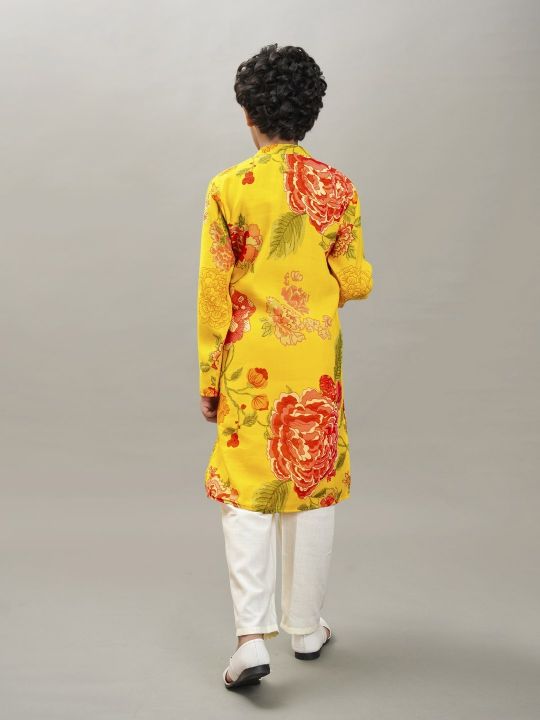 full sleeves floral print straight cut kurta with pyjama yellow floral