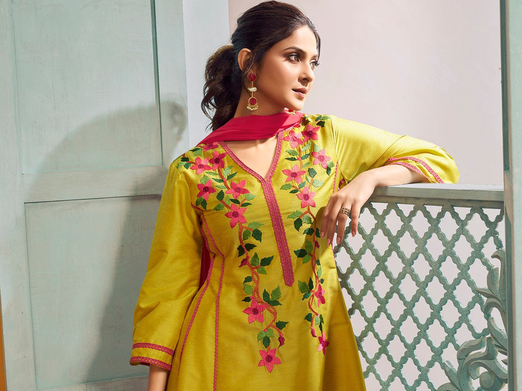 yellow embroiderd anarkali flared kurta with palazzos dupatta