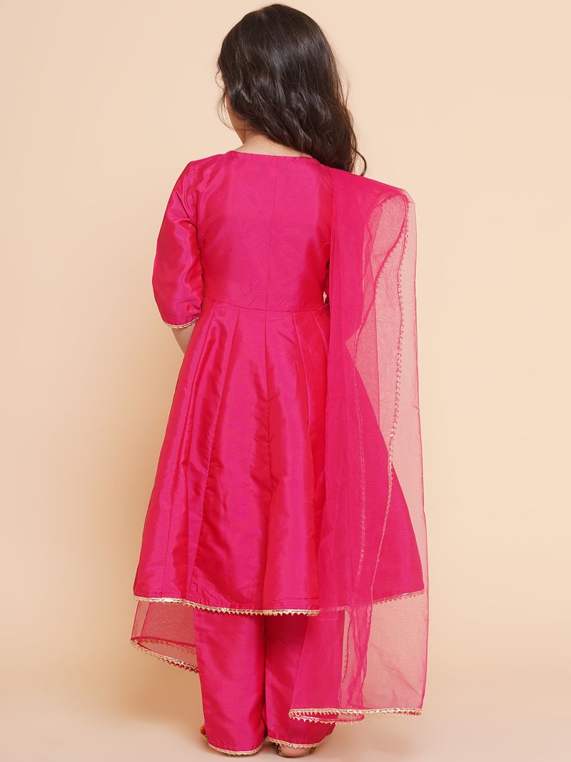girls pink angrakha kurta with trousers with dupatta