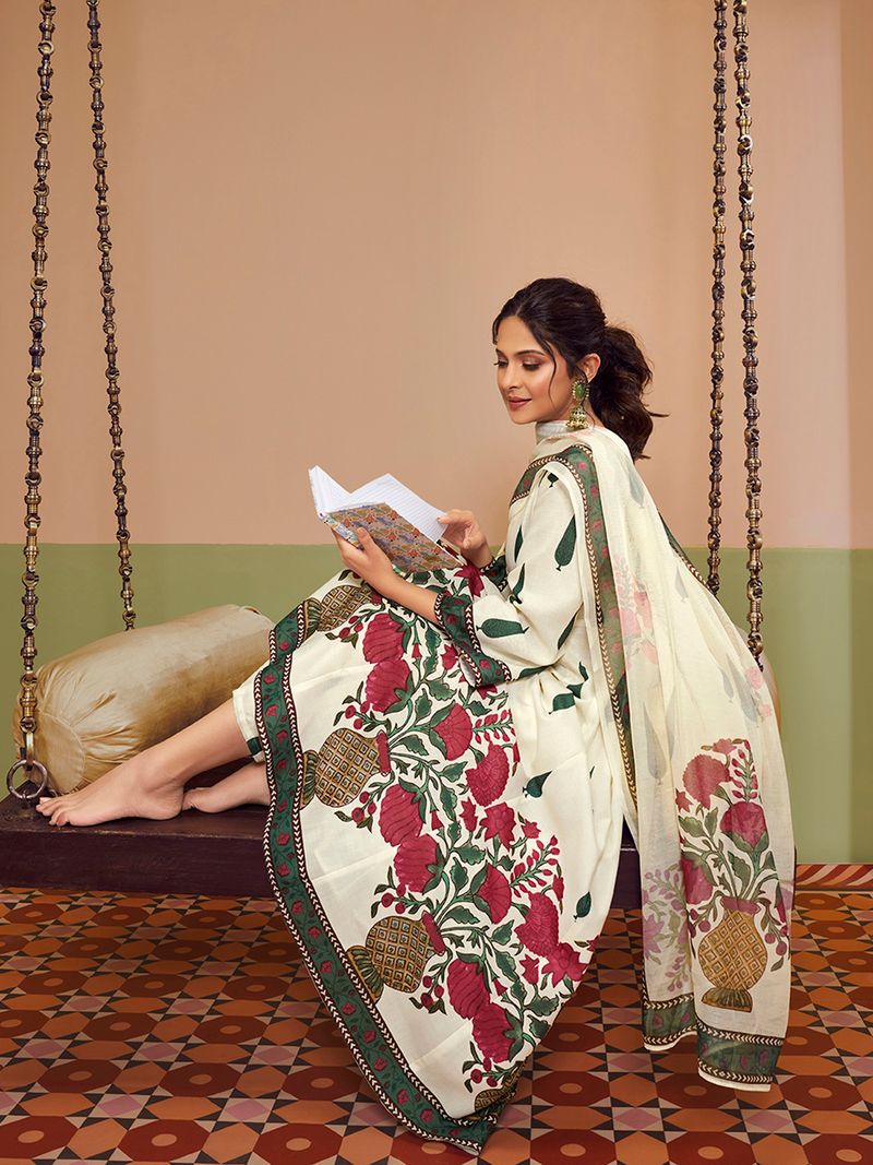 off white floral printed anarkali flared kurta with palazzos dupatta
