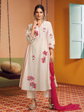 off white colour embroidered anarkali flared kurta with palazzos dupatta