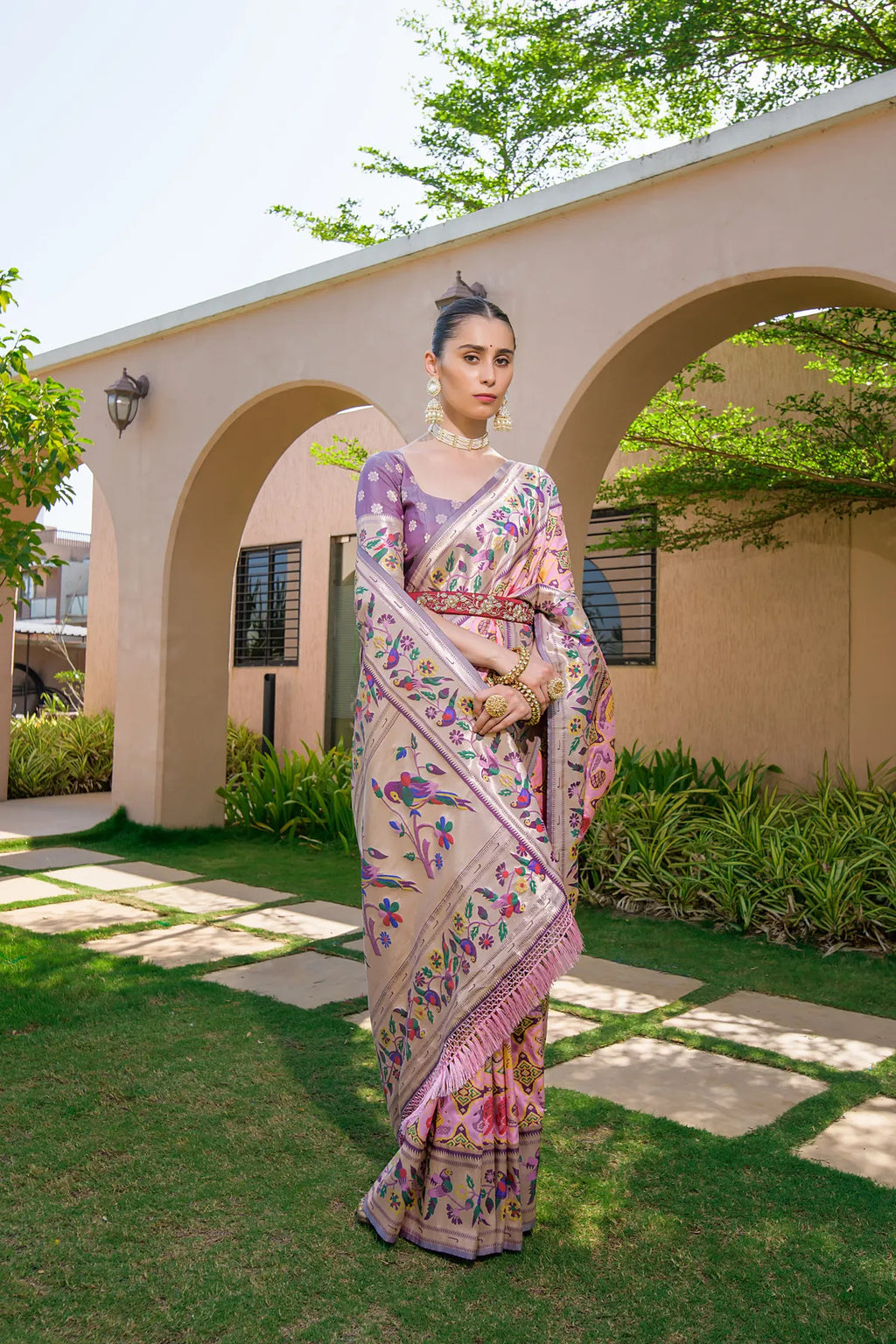 Baby Pink Paithani Silk Saree With Blouse Piece For Women