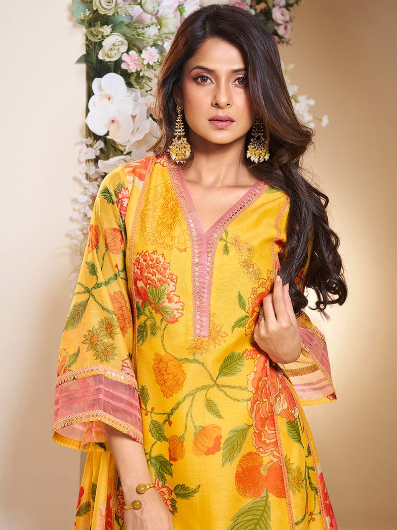 yellow colour floral printed flared anarkali kurta with palazzos dupatta