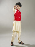 full sleeves embroidered straight cut kurta pyjama with jacket offwhite