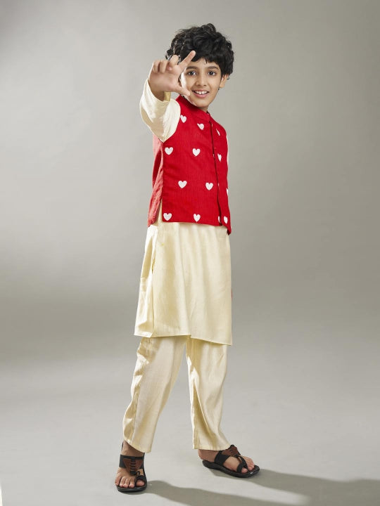 full sleeves embroidered straight cut kurta pyjama with jacket offwhite