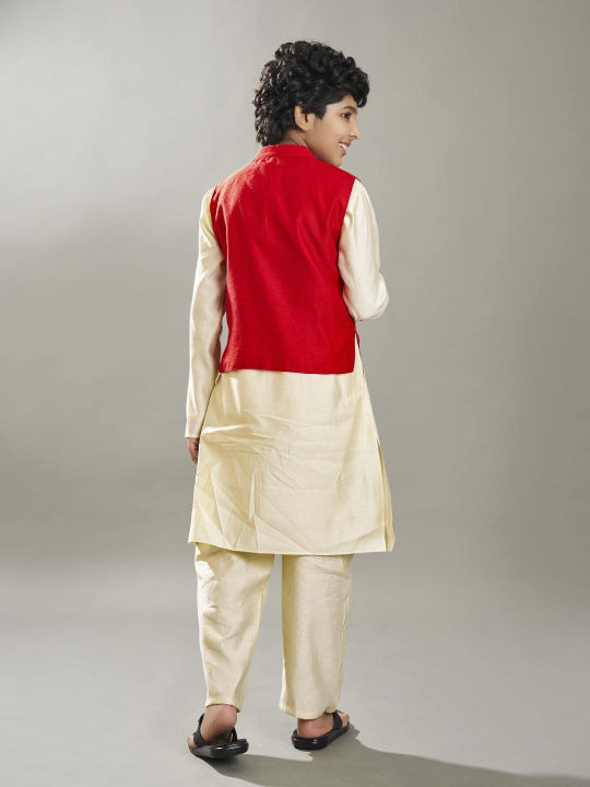 full sleeves embroidered straight cut kurta pyjama with jacket offwhite