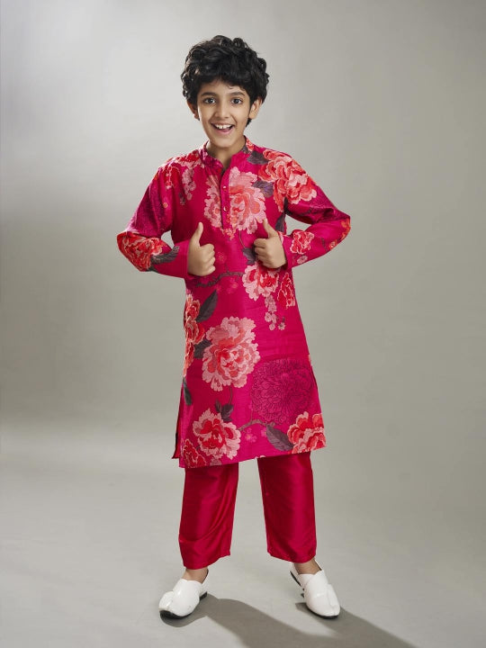 full sleeves floral print straight cut kurta pyjama with jacket pink