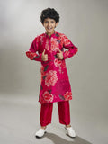 full sleeves floral print straight cut kurta pyjama with jacket pink