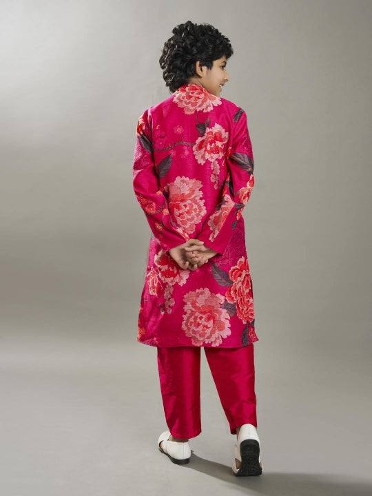 full sleeves floral print straight cut kurta pyjama with jacket pink
