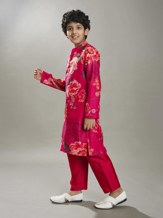 full sleeves floral print straight cut kurta pyjama with jacket pink