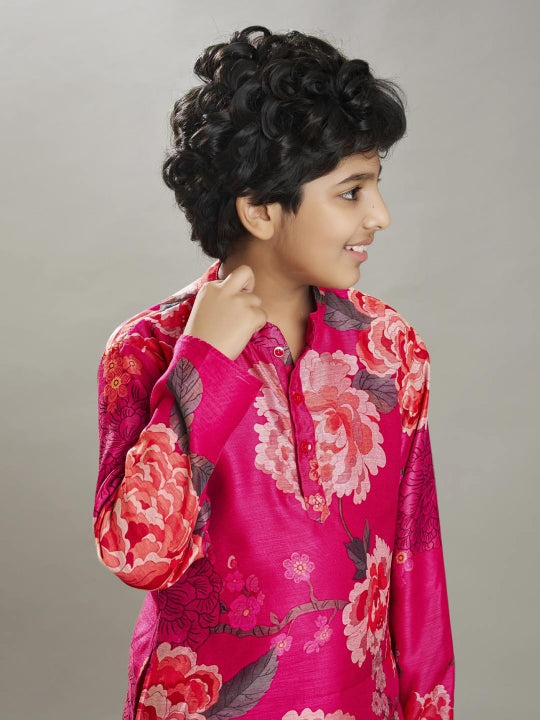 full sleeves floral print straight cut kurta pyjama with jacket pink
