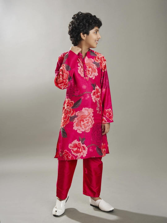 full sleeves floral print straight cut kurta pyjama with jacket pink