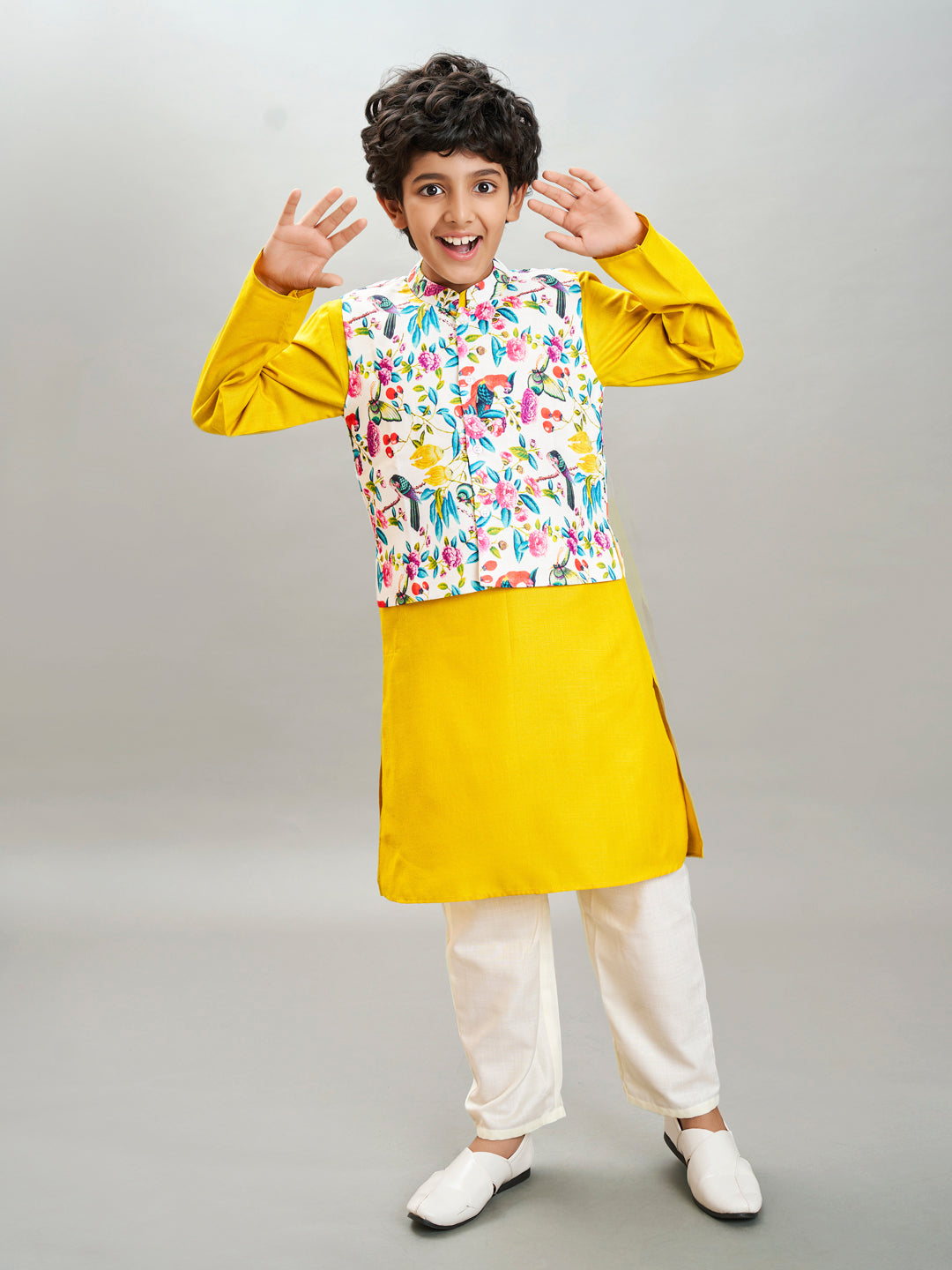 full sleeves floral print straight cut kurta pyjama with jacket yellow