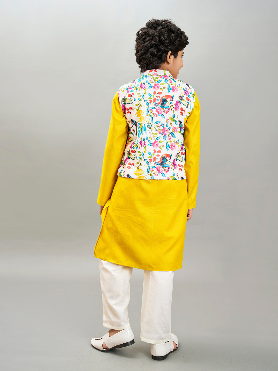 full sleeves floral print straight cut kurta pyjama with jacket yellow