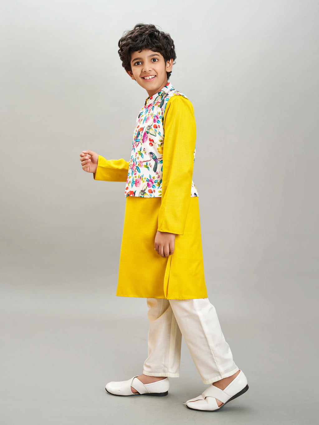 full sleeves floral print straight cut kurta pyjama with jacket yellow