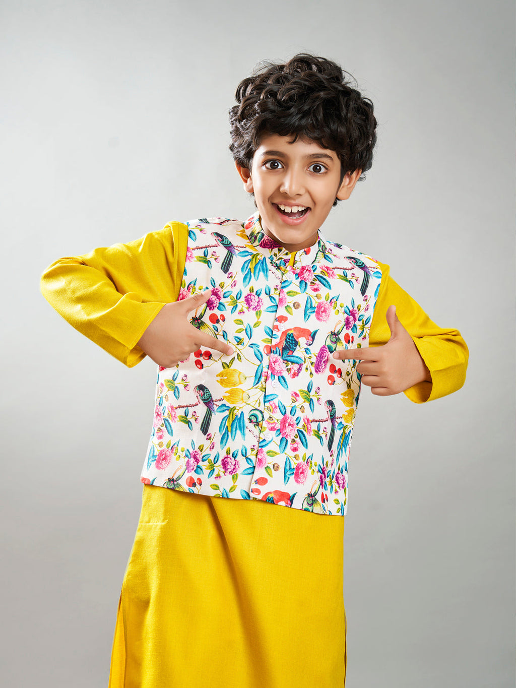 full sleeves floral print straight cut kurta pyjama with jacket yellow