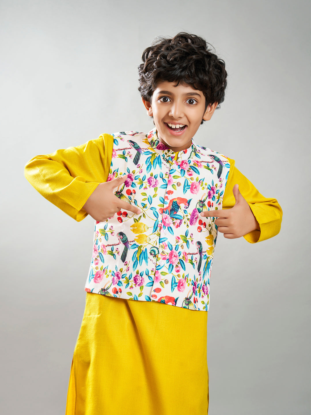 full sleeves floral print straight cut kurta pyjama with jacket yellow