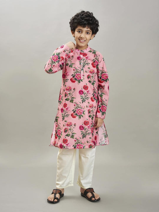 full sleeves floral print straight cut kurta with pyjama peach