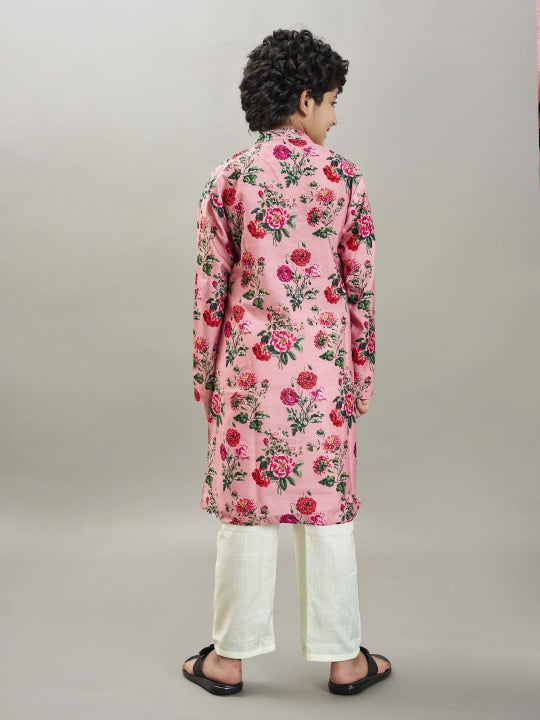 full sleeves floral print straight cut kurta with pyjama peach