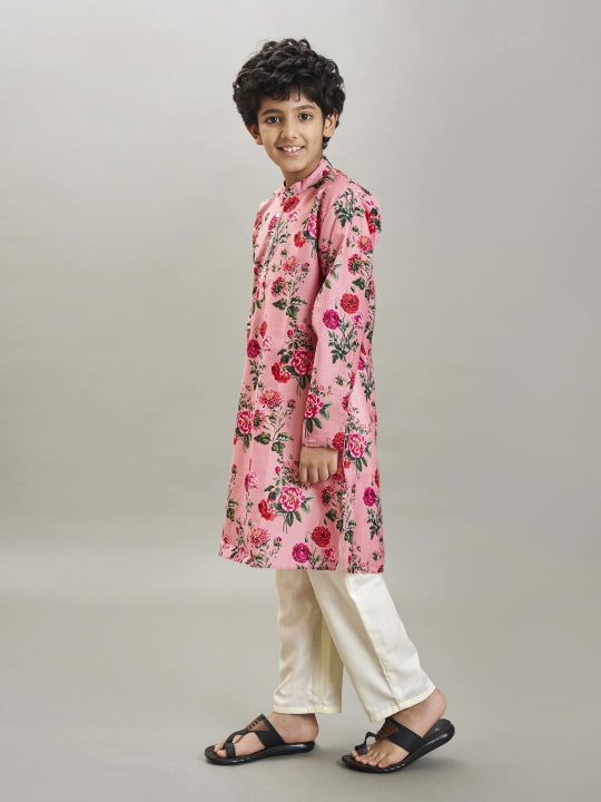 full sleeves floral print straight cut kurta with pyjama peach