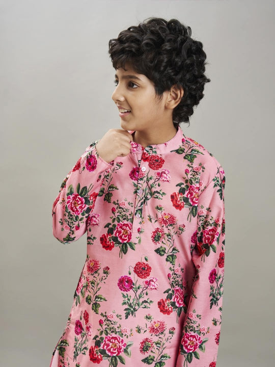 full sleeves floral print straight cut kurta with pyjama peach