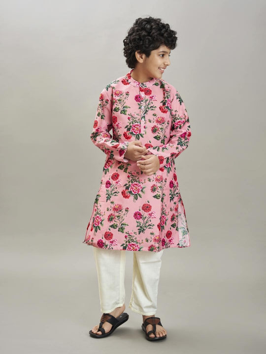 full sleeves floral print straight cut kurta with pyjama peach