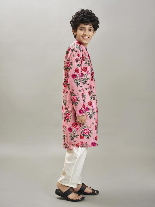 full sleeves floral print straight cut kurta with pyjama peach