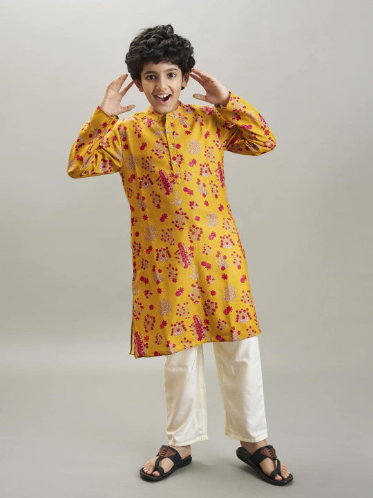 full sleeves floral print straight cut kurta with pyjama yellow