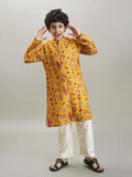 full sleeves floral print straight cut kurta with pyjama yellow