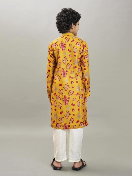 full sleeves floral print straight cut kurta with pyjama yellow