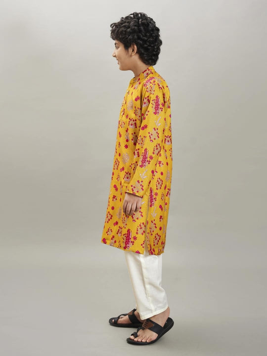 full sleeves floral print straight cut kurta with pyjama yellow
