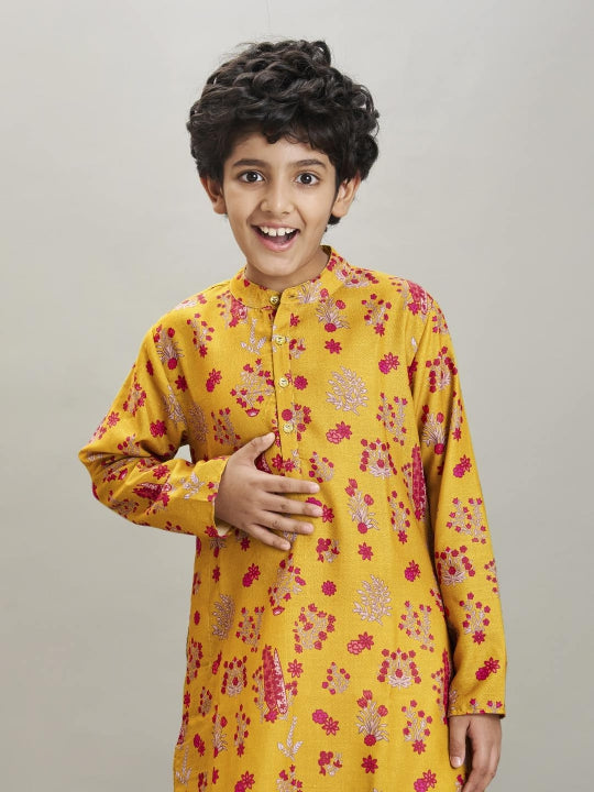 full sleeves floral print straight cut kurta with pyjama yellow