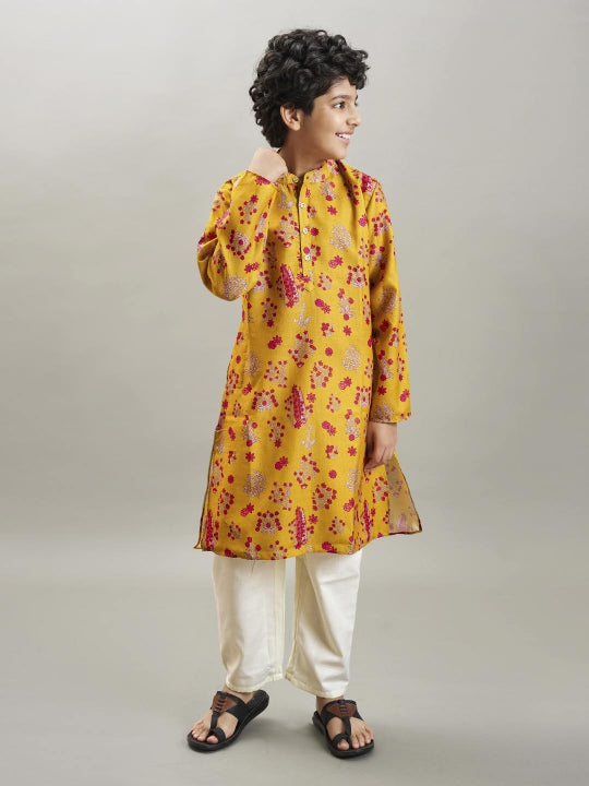 full sleeves floral print straight cut kurta with pyjama yellow