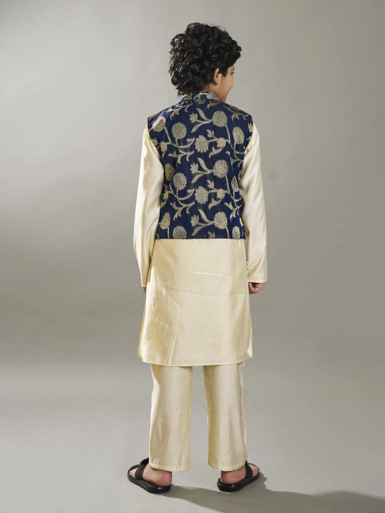 full sleeves jacquard design straight cut kurta pyjama with jacket offwhite