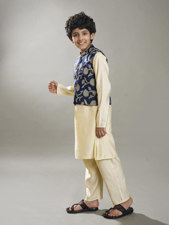 full sleeves jacquard design straight cut kurta pyjama with jacket offwhite