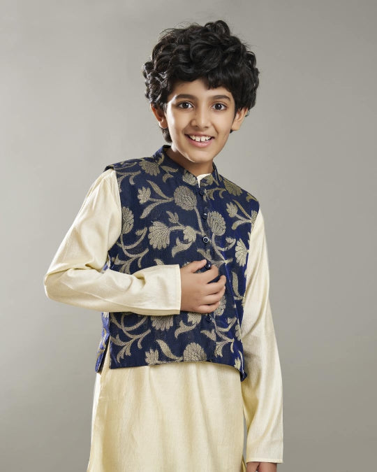 full sleeves jacquard design straight cut kurta pyjama with jacket offwhite