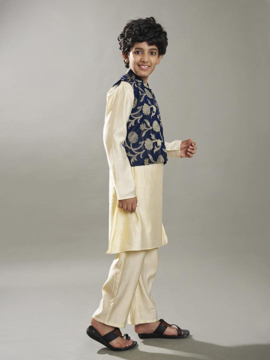 full sleeves jacquard design straight cut kurta pyjama with jacket offwhite