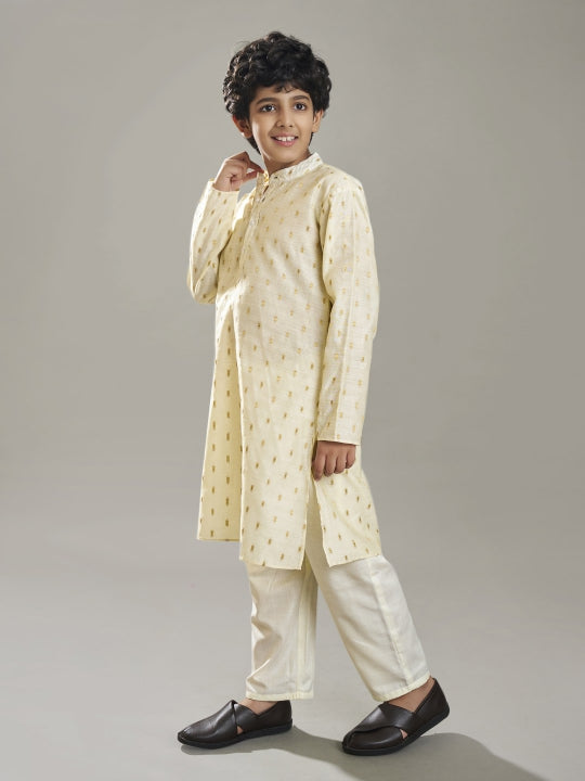 full sleeves self design straight cut kurta with pyjama offwhite