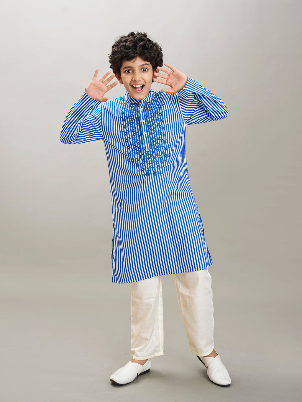 full sleeves striped print with embroidery straight cut kurta with pyjama blue