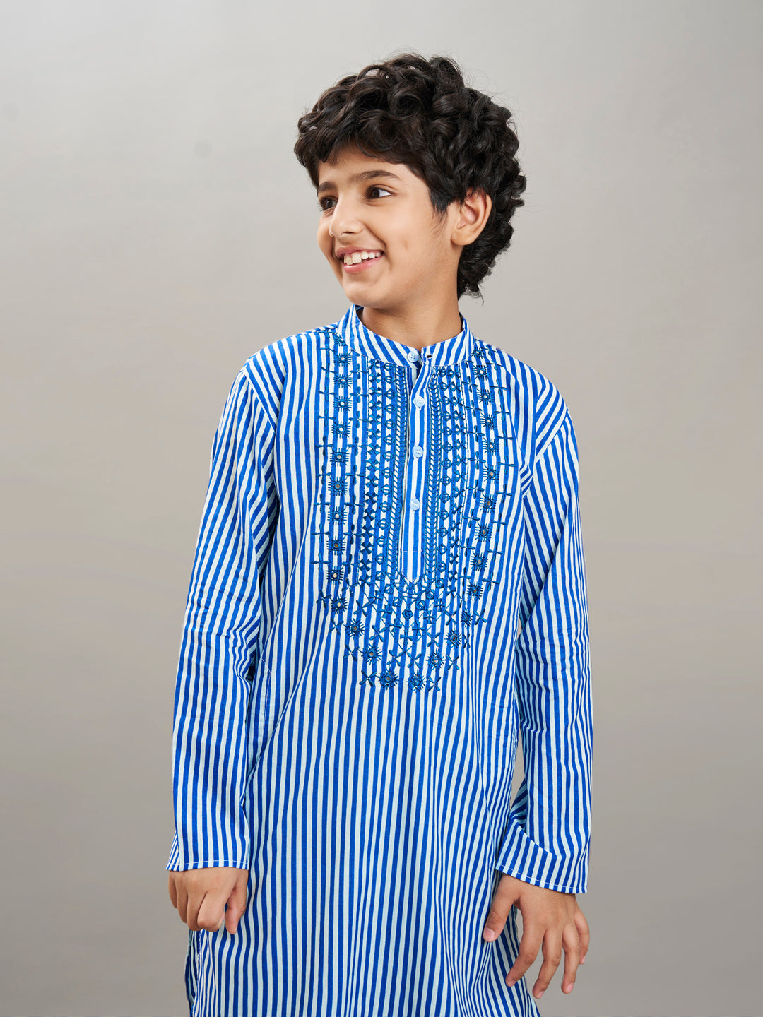 full sleeves striped print with embroidery straight cut kurta with pyjama blue