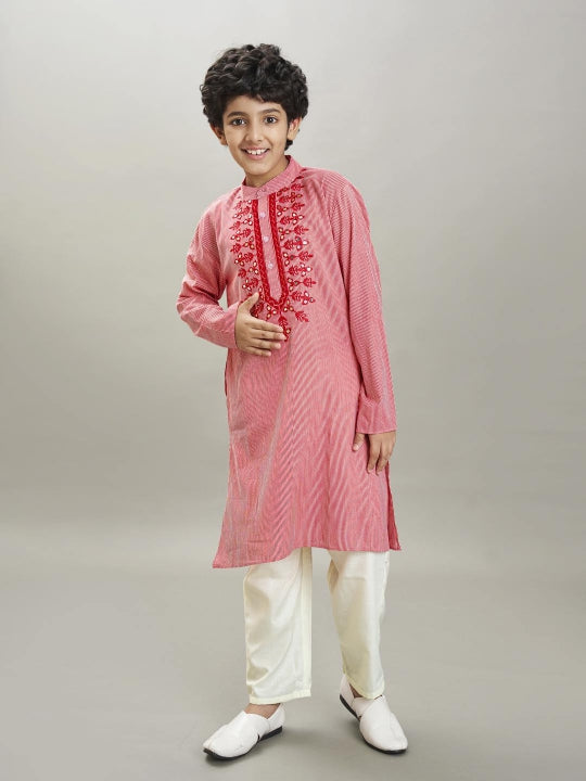 full sleeves striped print with embroidery straight cut kurta with pyjama red