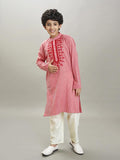 full sleeves striped print with embroidery straight cut kurta with pyjama red
