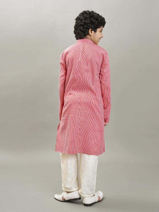 full sleeves striped print with embroidery straight cut kurta with pyjama red