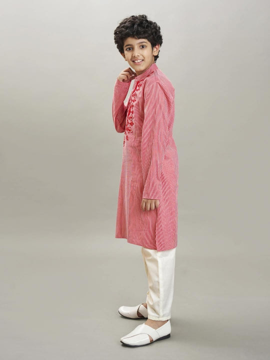 full sleeves striped print with embroidery straight cut kurta with pyjama red