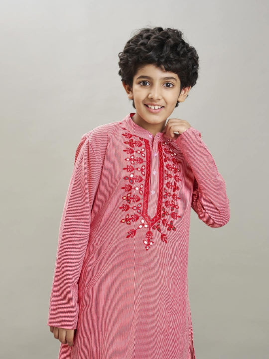 full sleeves striped print with embroidery straight cut kurta with pyjama red
