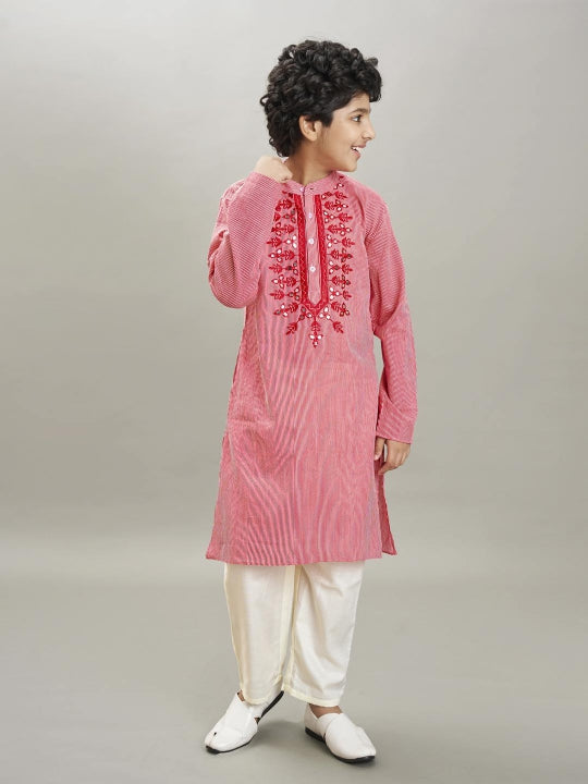 full sleeves striped print with embroidery straight cut kurta with pyjama red