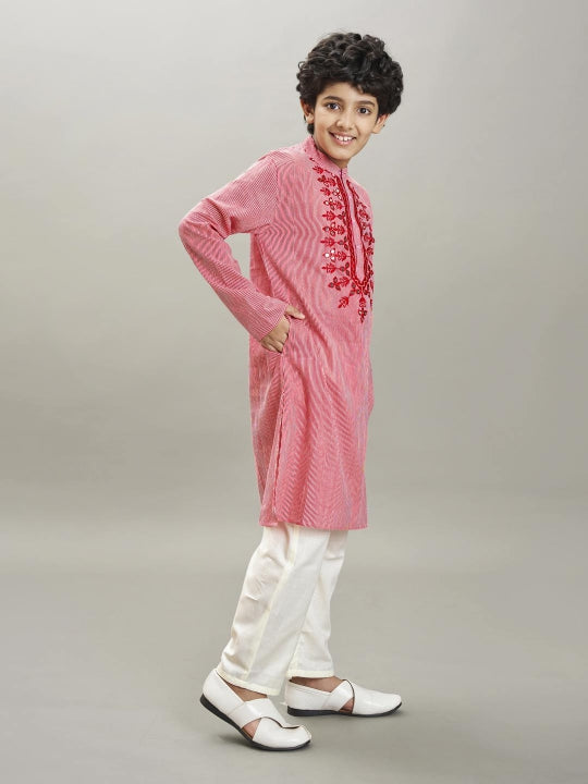 full sleeves striped print with embroidery straight cut kurta with pyjama red