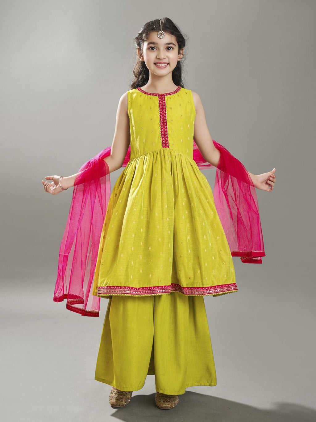 girls ethnic motifs woven design kurta with sharara with dupatta