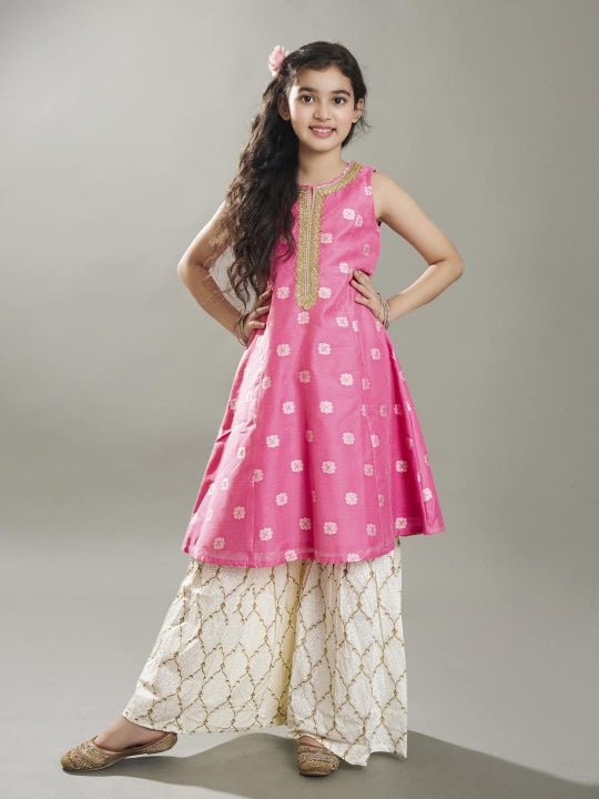 girls ethnic motifs woven design kurta with sharara